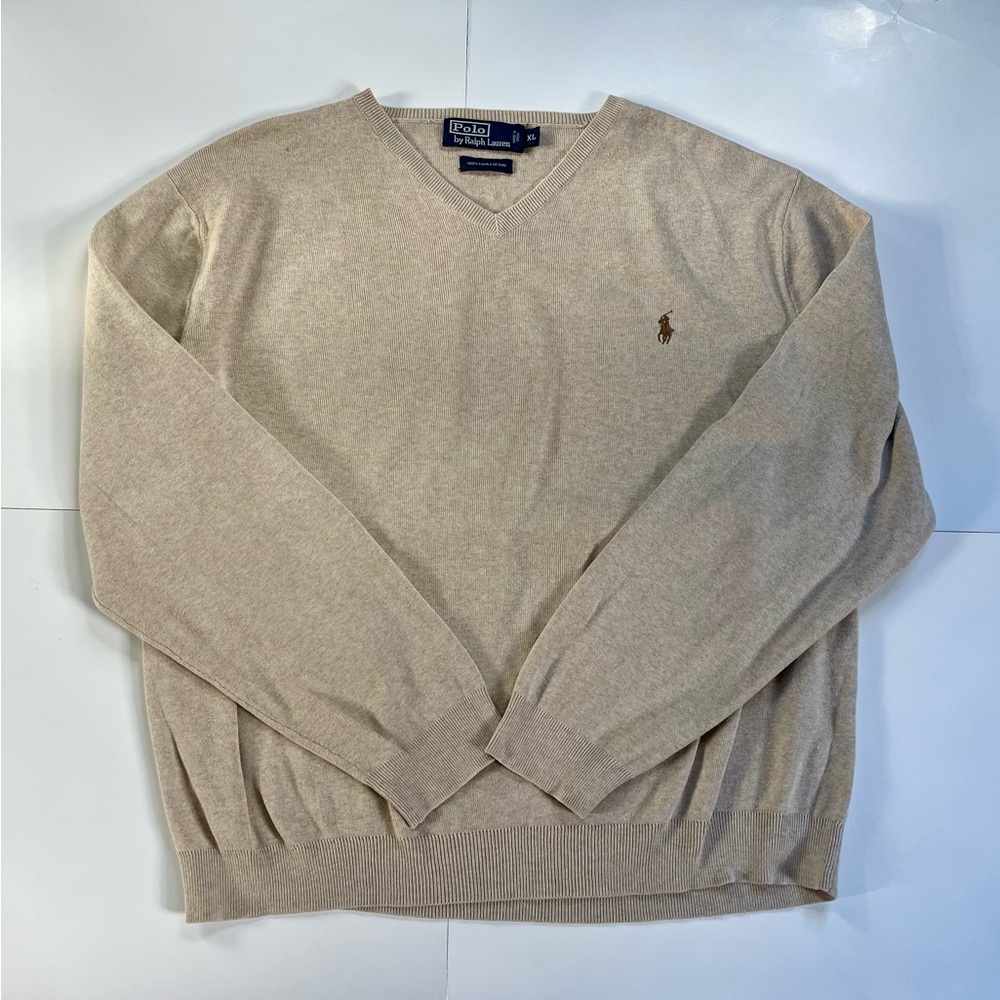 Vintage Polo Ralph Lauren Men’s V-Neck Sweater XL 100% Pima Cotton Tan Pony Logo
